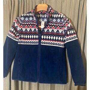Talbots Petite Fair Isle Fleece Zip Up Jacket Women Size PM Navy Red White NWT